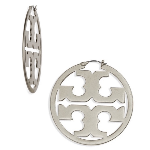 TORY BURCH • Silver Miller Logo Hoop Earrings - Picture 1 of 5